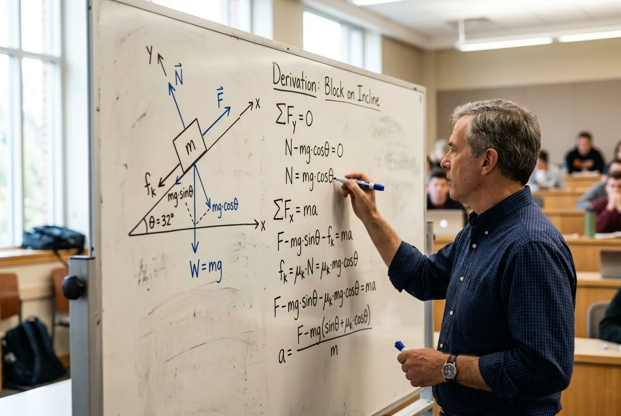 Hand-drawn free-body diagram and physics derivation on board